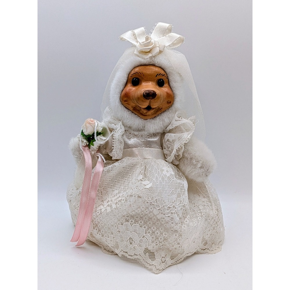 Robert Raikes Limited Edition Bride Bear Wooden Face Lace Wedding Dress 7.5"